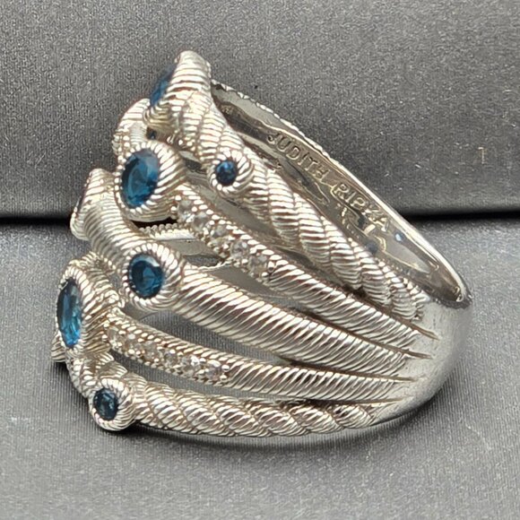Judith Ripka Sterling Silver & Blue Topaz Multi-Row Cocktail Ring Size 8 - Picture 2 of 16